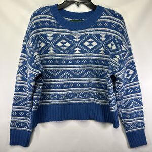 American Eagle Blue White Fair Isle Snowdrift Knit Crew Crop Sweater Size Small